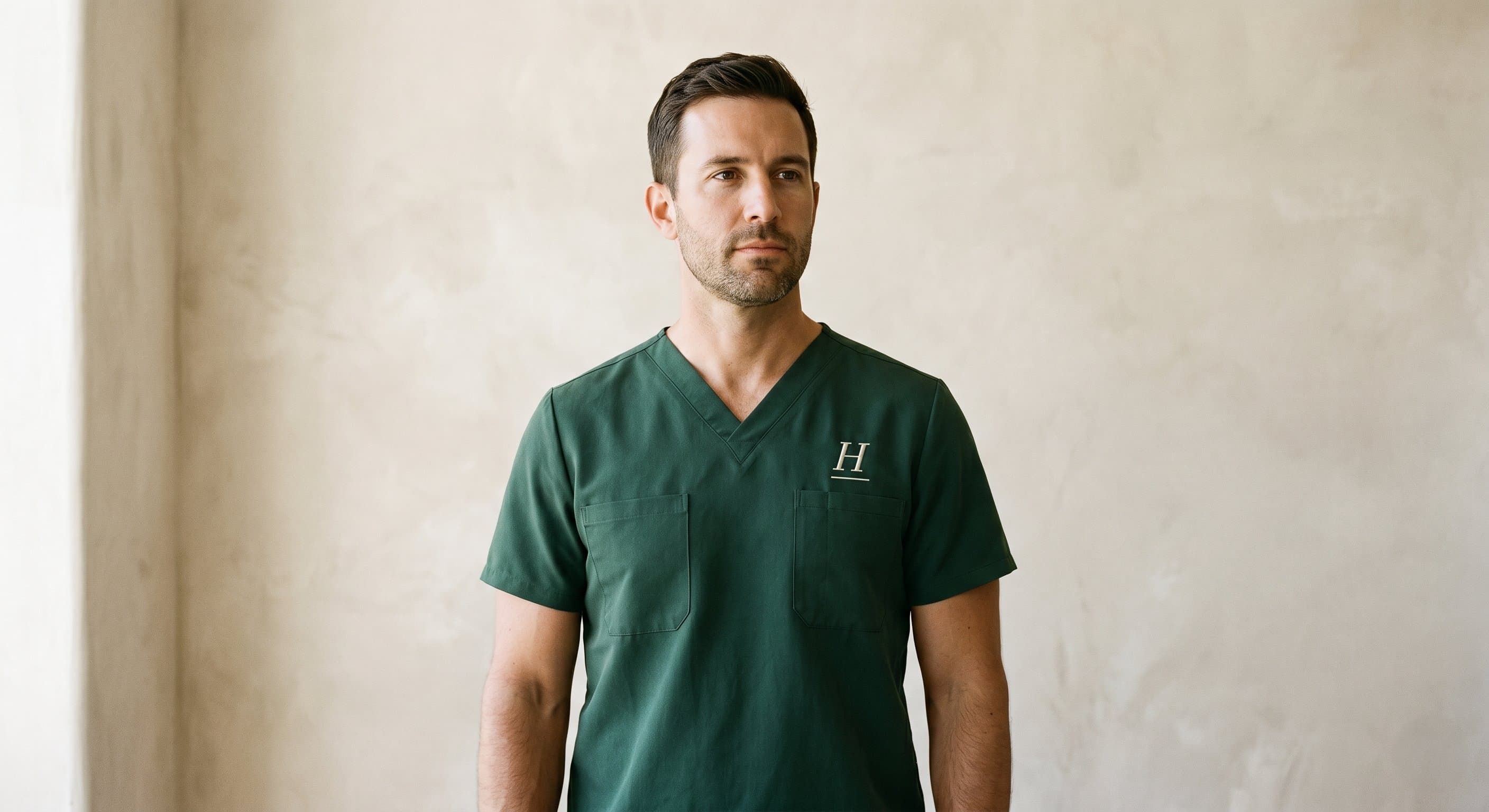 Sports medicine physician's assistant photographed in Herald forest green V-neck scrub top with two chest pockets, natural window light, warm bone-colored plaster wall background